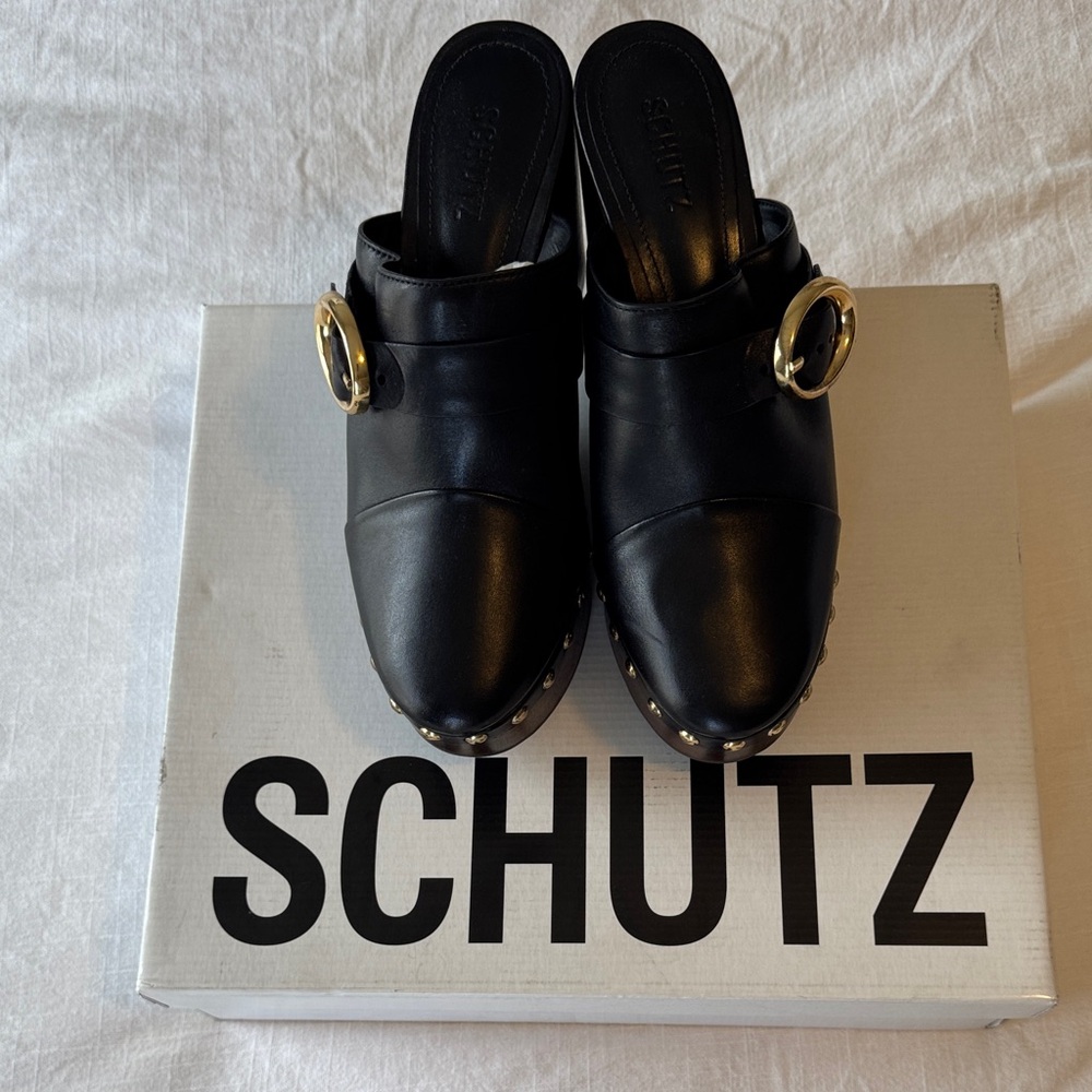 SCHUTZ Black Leather Mule Clogs with Gold Buckles